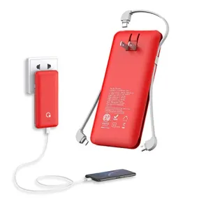 10000mAh Portable Charger, Ultra Slim Power Bank,4 Output and Dual Input External Battery Pack with Built-in AC Wall Plug Micro USB Type C Three Cables with USB Output Compatible with All mobilephone