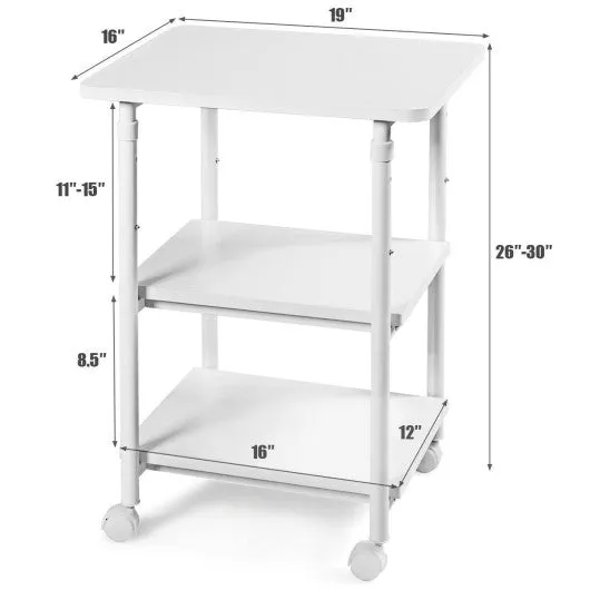 3-tier Adjustable Printer Stand with 360° Swivel Casters-White