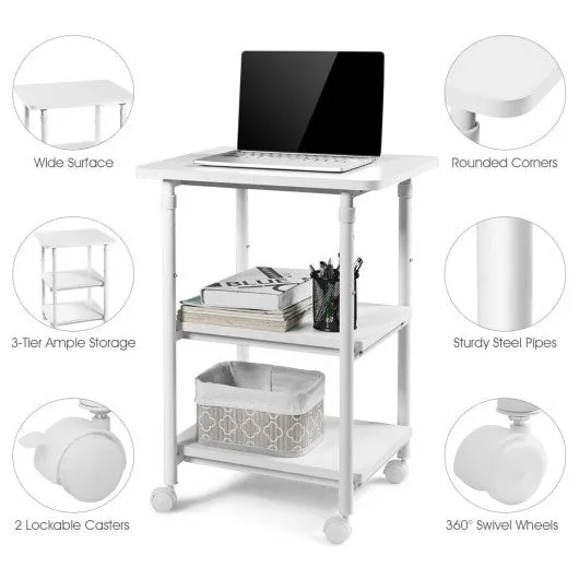 3-tier Adjustable Printer Stand with 360° Swivel Casters-White