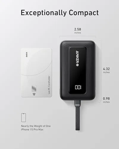 Anker Zolo Power Bank, 10,000mAh 30W Portable Charger with Built-in USB-C Cable for Travel, Fast Charging Battery Pack for iPhone 16/15 Series, MacBook, Galaxy, iPad, and More