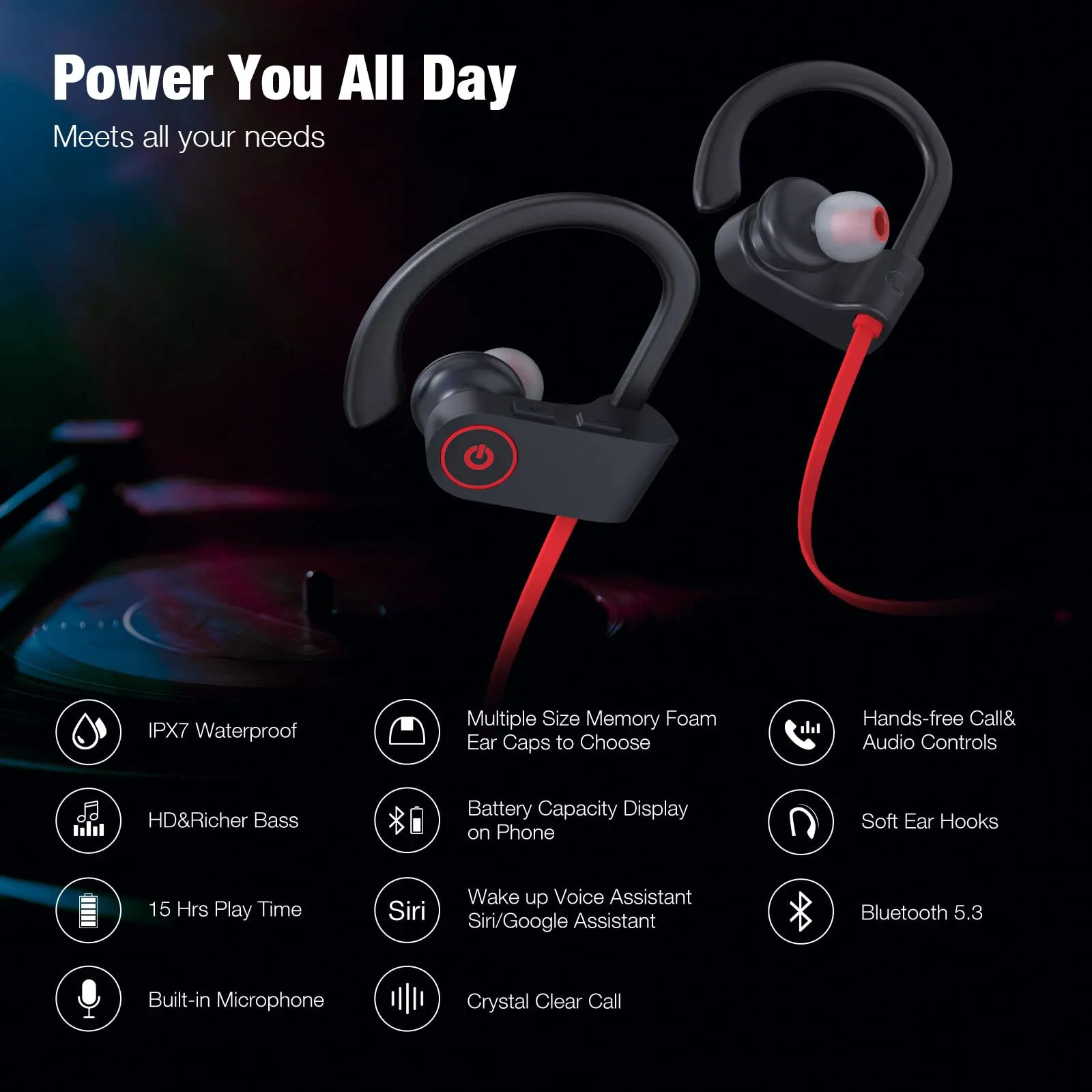 Boean Bluetooth Headphones Wireless Earbuds Bluetooth 5.3 Running Headphones IPX7 Waterproof Earphones with 16 Hrs Playtime Stereo Sound Isolation Headsets for Workout Gym