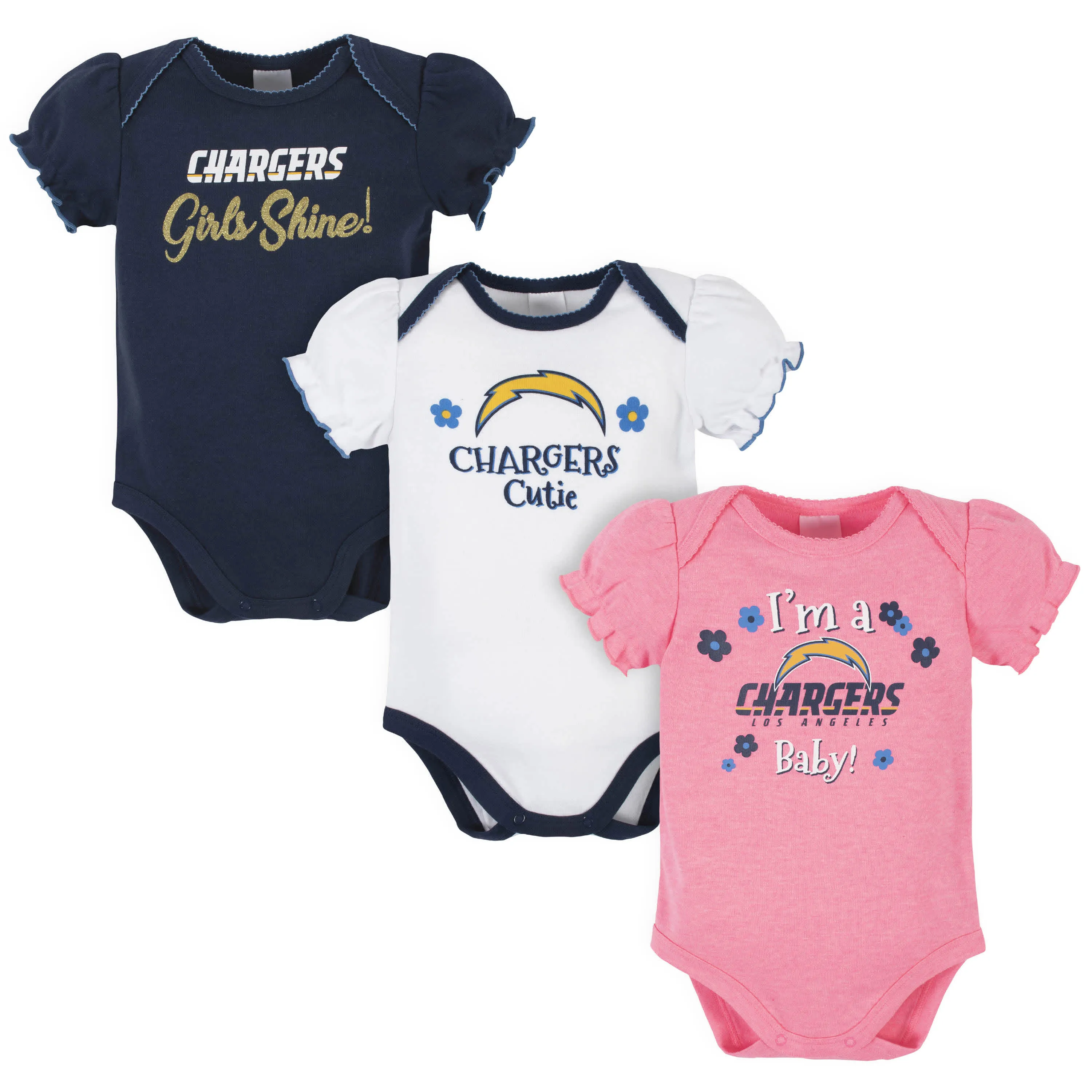 Chargers Girls Shine 3-Pack Short Sleeve Bodysuits