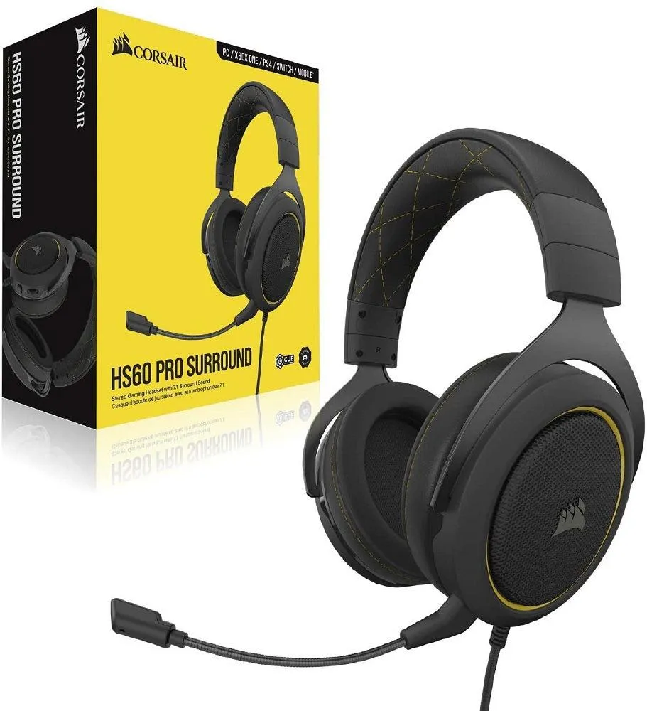 Corsair Headset HS60 Pro – 7.1 Virtual Surround Sound PC Gaming Headset w/USB DAC - Discord Certified – Works with PC, Xbox Series X, Xbox Series S, Xbox One, PS5, PS4, and Nintendo Switch – Yellow