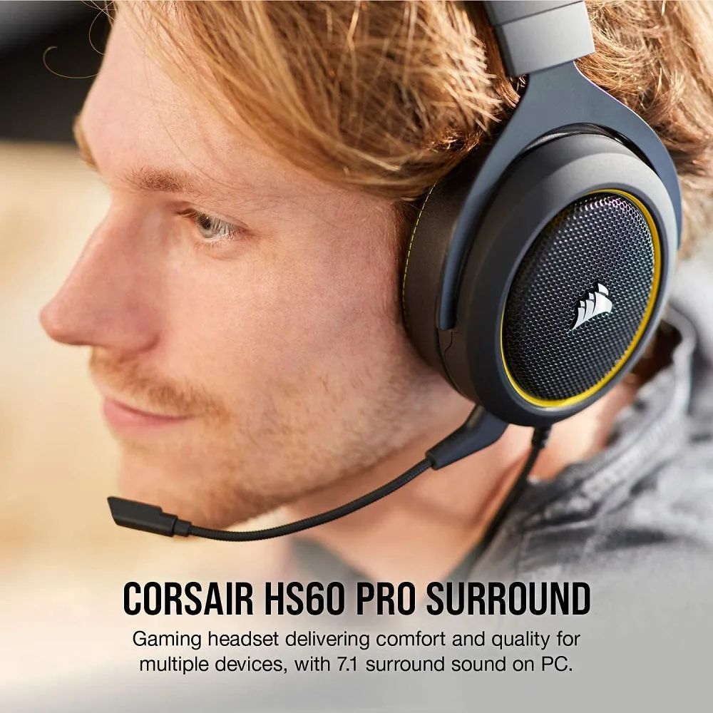 Corsair Headset HS60 Pro – 7.1 Virtual Surround Sound PC Gaming Headset w/USB DAC - Discord Certified – Works with PC, Xbox Series X, Xbox Series S, Xbox One, PS5, PS4, and Nintendo Switch – Yellow