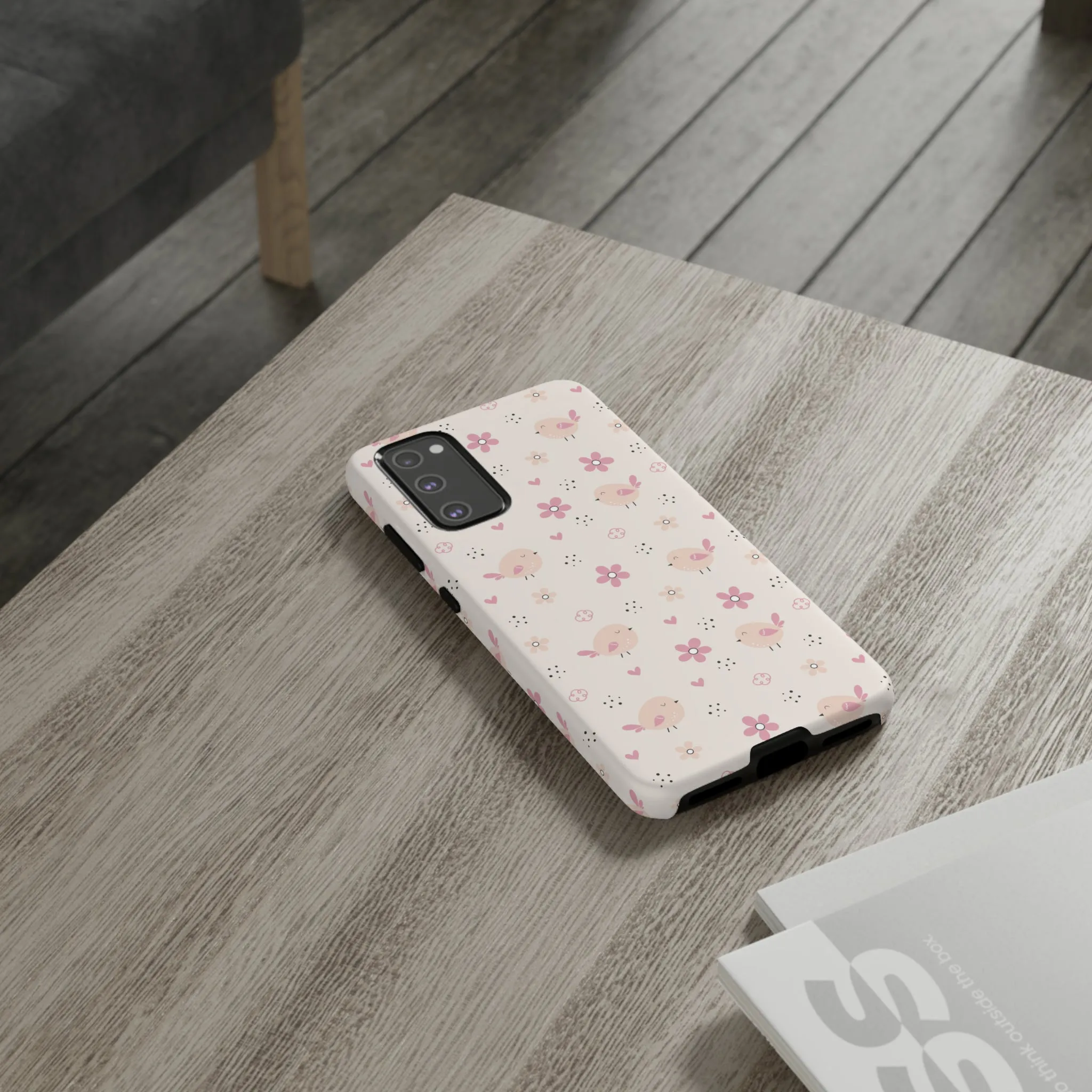 Cute Pink Birds and Flowers print design Tough Phone Case compatible with a large variety of Samsung models