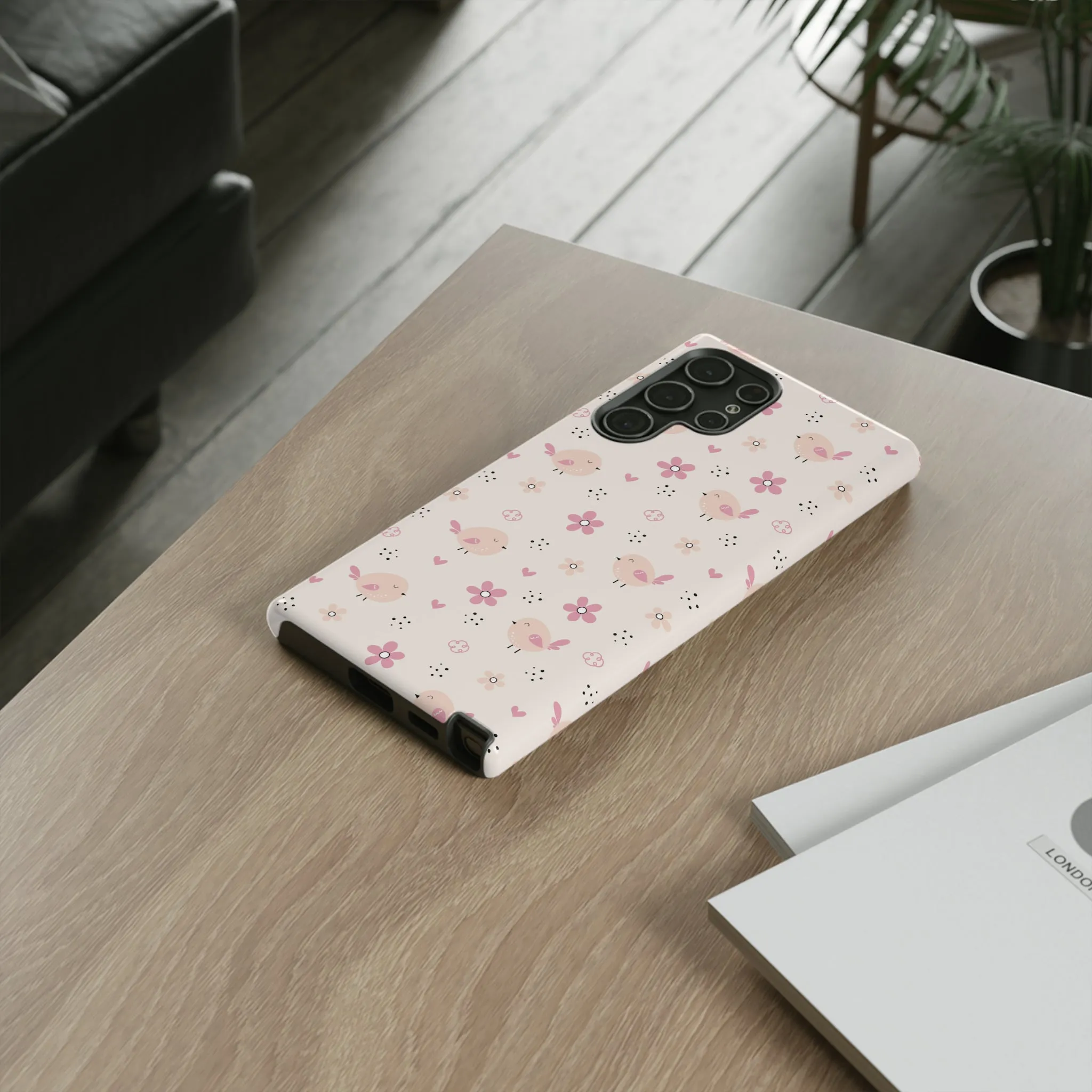 Cute Pink Birds and Flowers print design Tough Phone Case compatible with a large variety of Samsung models