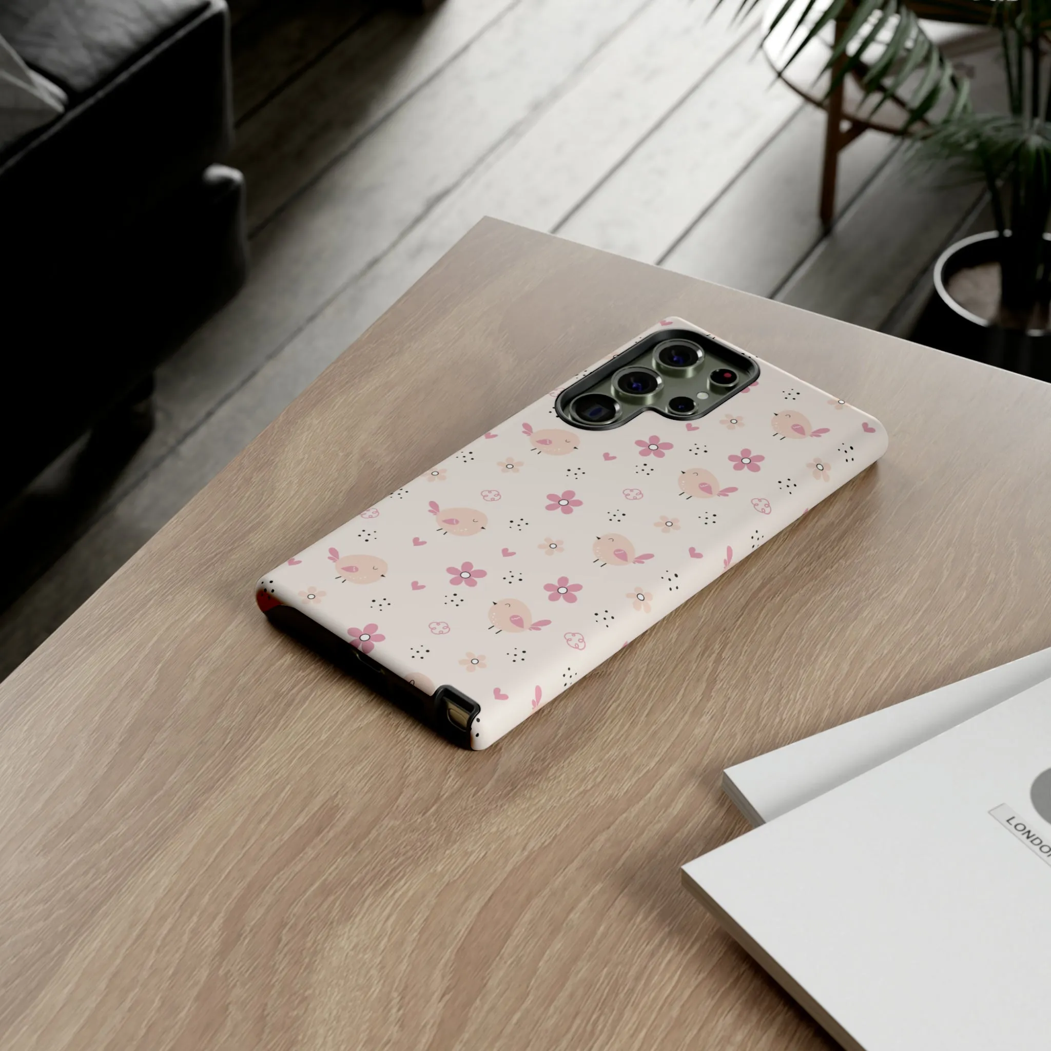 Cute Pink Birds and Flowers print design Tough Phone Case compatible with a large variety of Samsung models