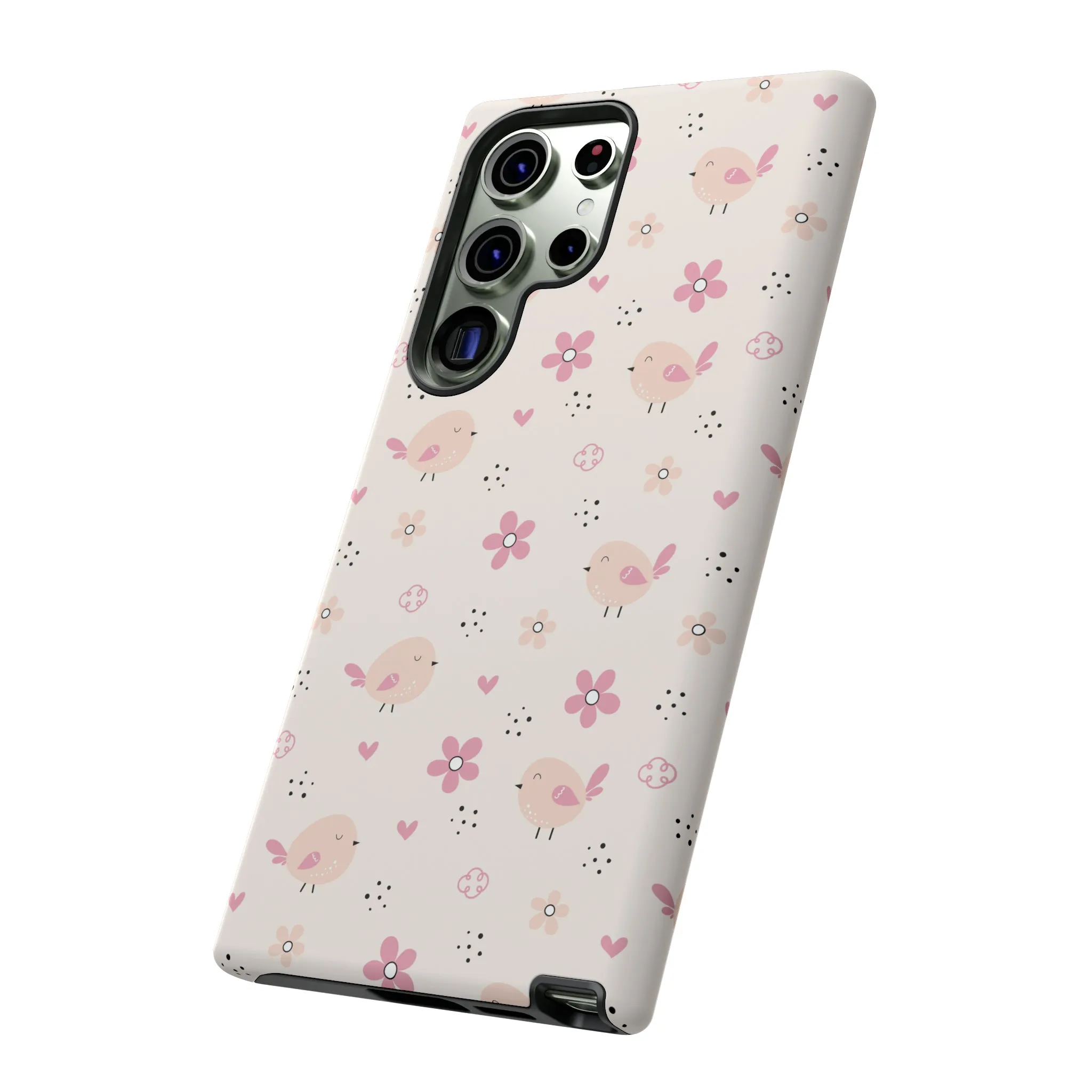 Cute Pink Birds and Flowers print design Tough Phone Case compatible with a large variety of Samsung models