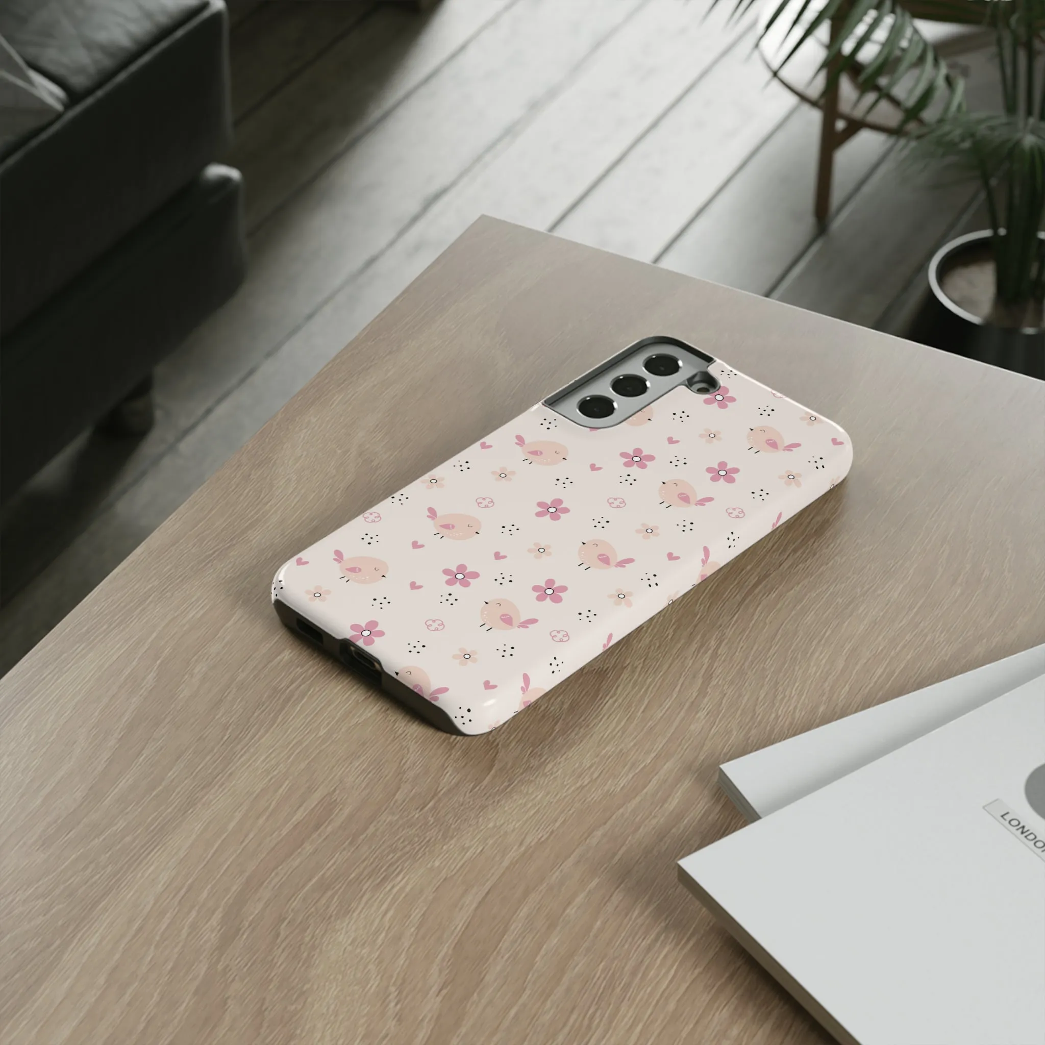 Cute Pink Birds and Flowers print design Tough Phone Case compatible with a large variety of Samsung models