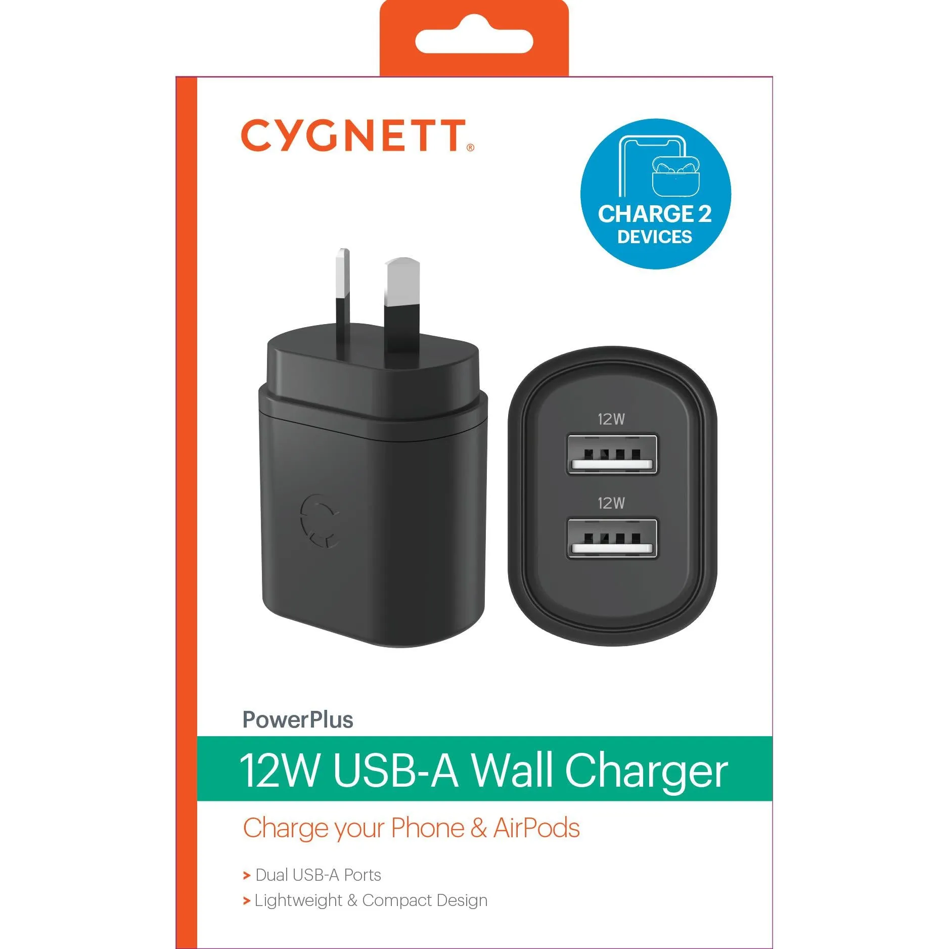 Cygnett PowerPlus 12W Dual Port Wall Charger (Black)