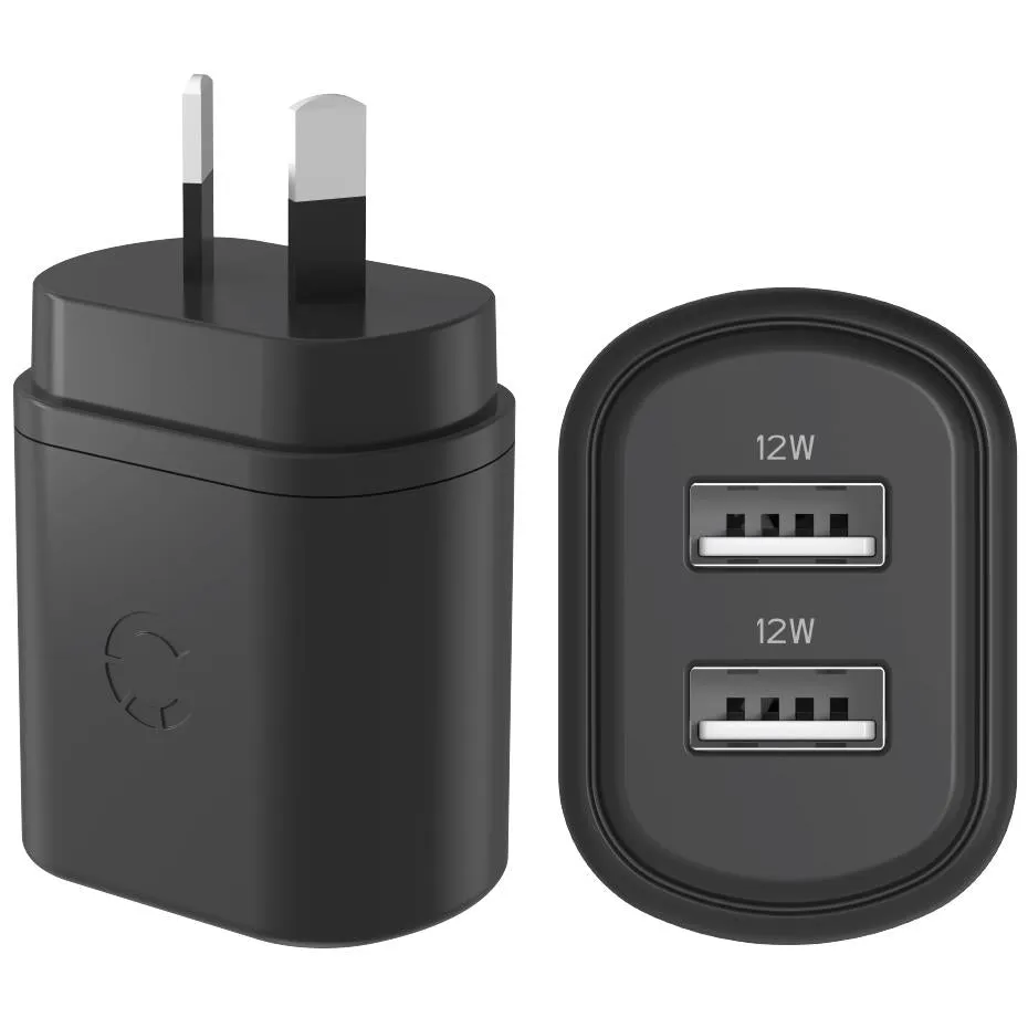 Cygnett PowerPlus 12W Dual Port Wall Charger (Black)