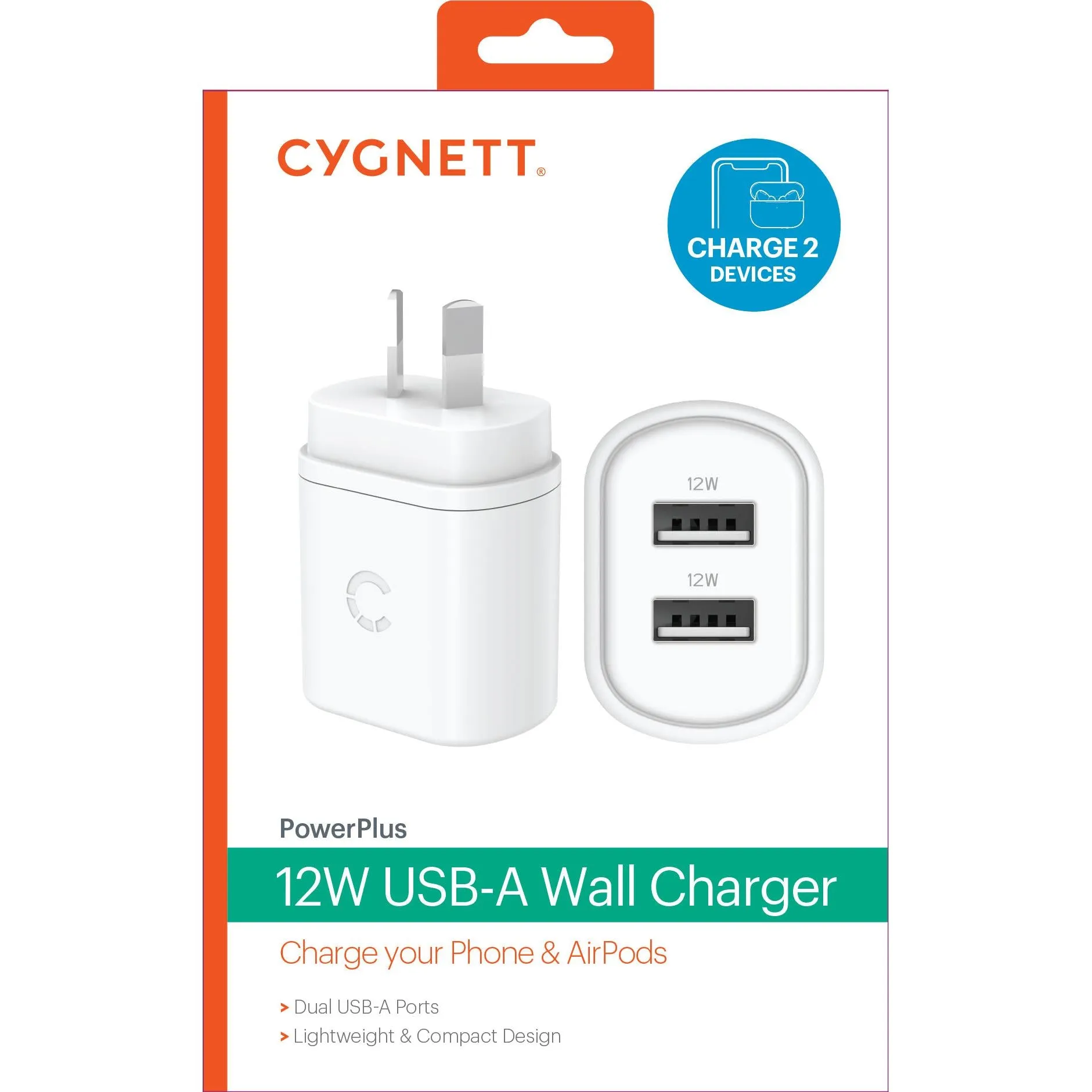 Cygnett PowerPlus 12W Dual Port Wall Charger (White)