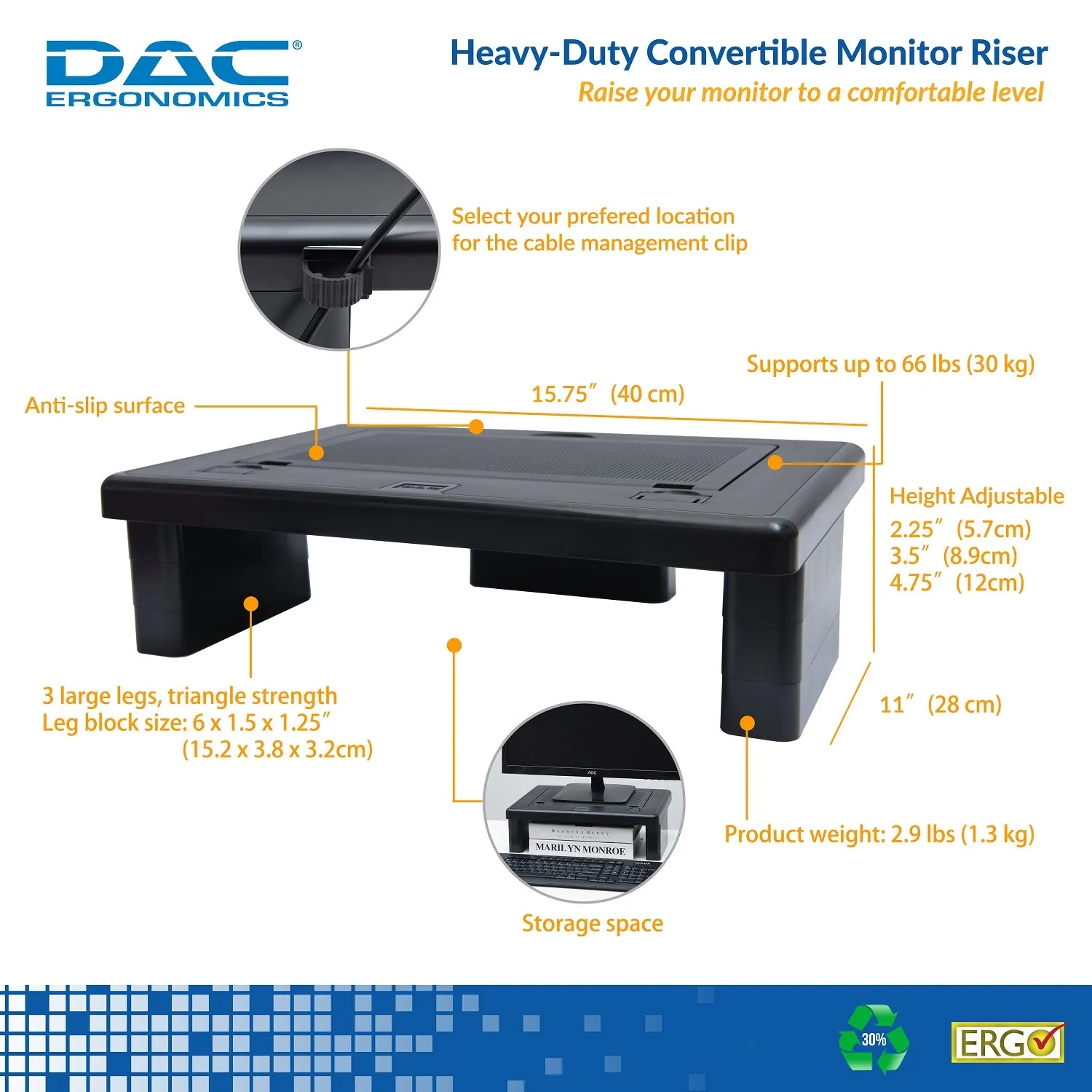 DAC® Stax™ MP-219 Height and Angle Adjustable Convertible Monitor, Laptop, Printer Stand