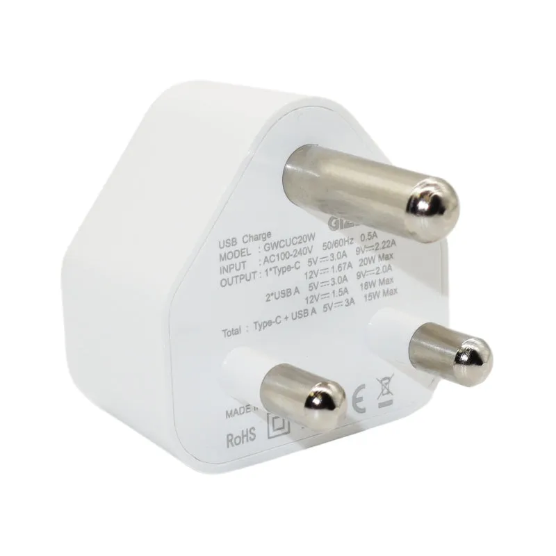 Gizzu Wall Charger Type C 20W|Usb Sa 3 Prong - White