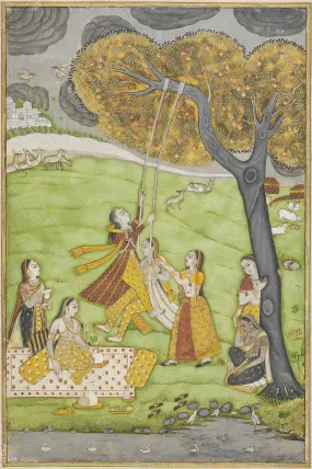 Ladies On A Swing - Mid-18Th Century - Vintage Indian Miniature Art Painting - Posters