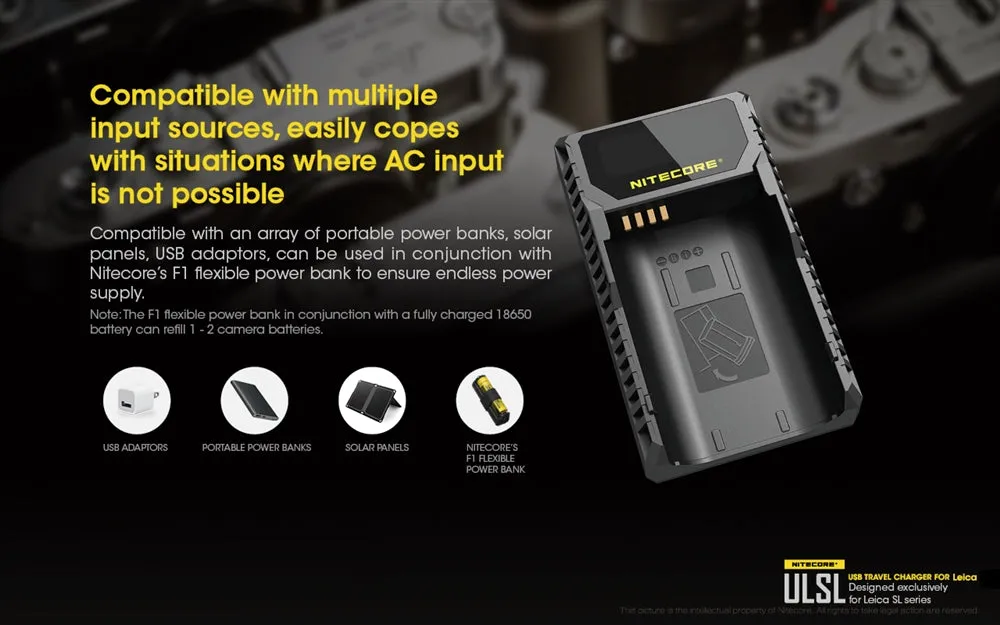 Nitecore ULSL Digital USB Travel Battery Charger for Leica BP-SCL4 Camera Batteries