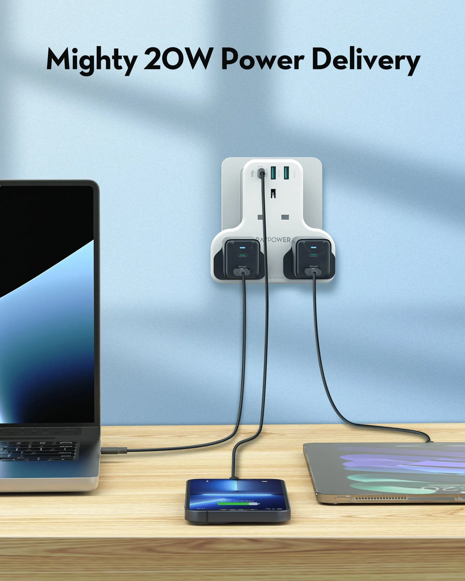 RAVPOWER 20W Wall Charger With 3 AC Plugs & 3 USB Ports - PC1036