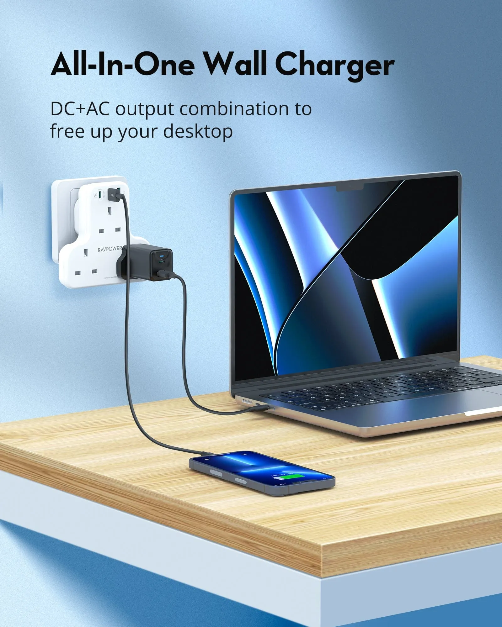 RAVPOWER 20W Wall Charger With 3 AC Plugs & 3 USB Ports - PC1036