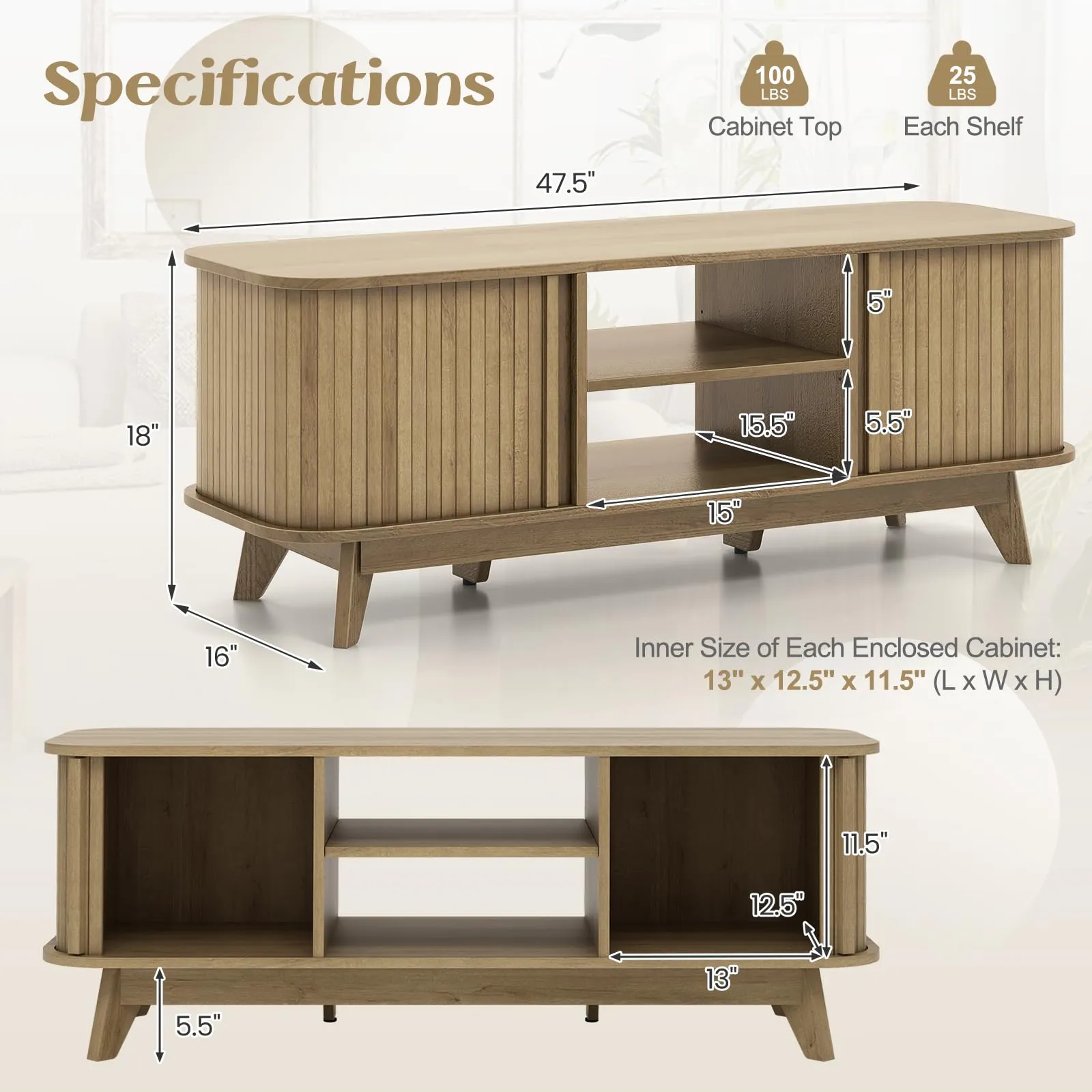 Tangkula Sliding Doors TV Stand for TV up to 55 Inch, Mid Century Modern TV Console Table (Oak)