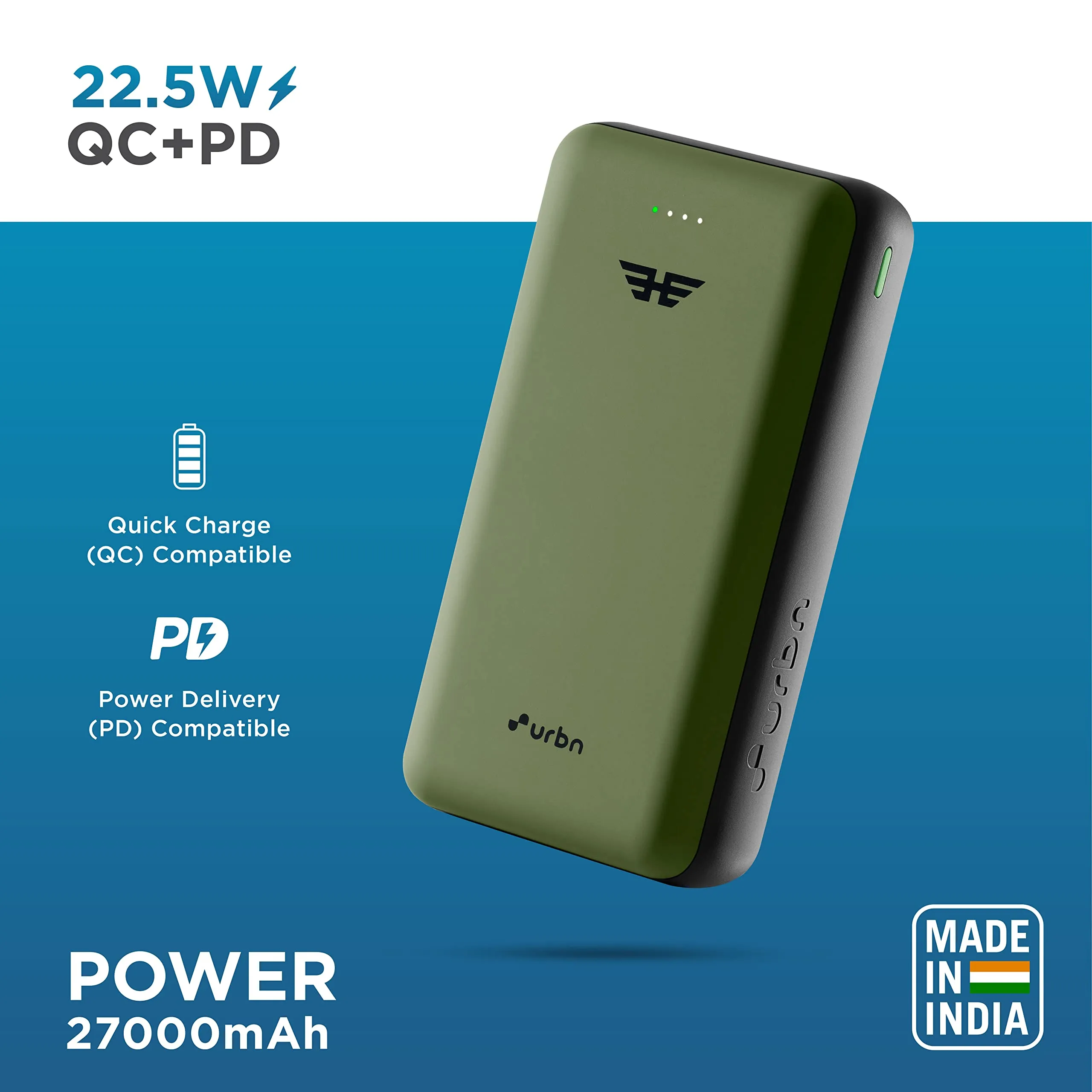 URBN 27000 mAh 22.5W Super Fast Charging Compact Power Bank with Quick Charge & Power Delivery, Type C Input/Output, Made in India, Type C Cable Included (Camo)